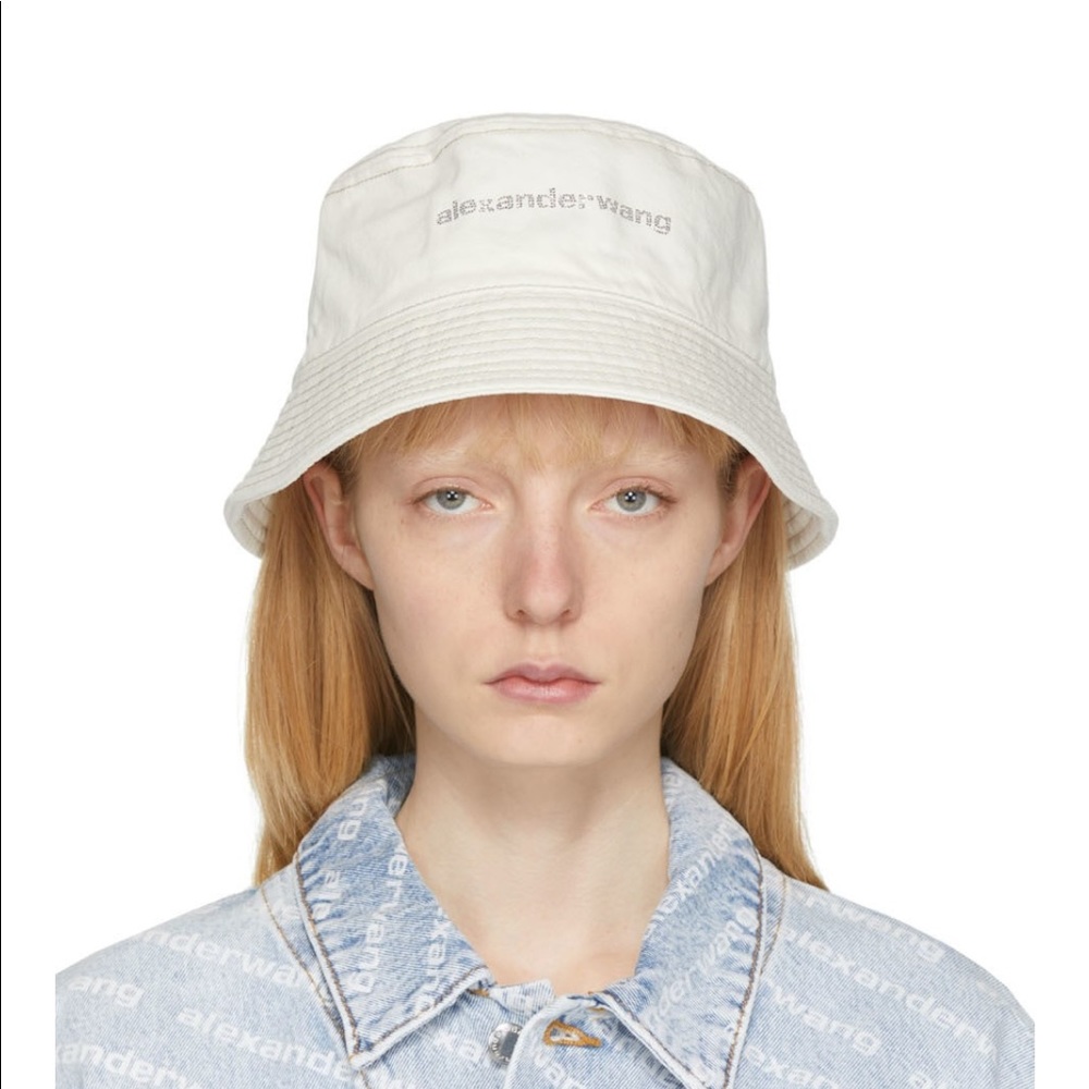New With Tags. Alexander Wang off white crystal denim logo bucket hat.